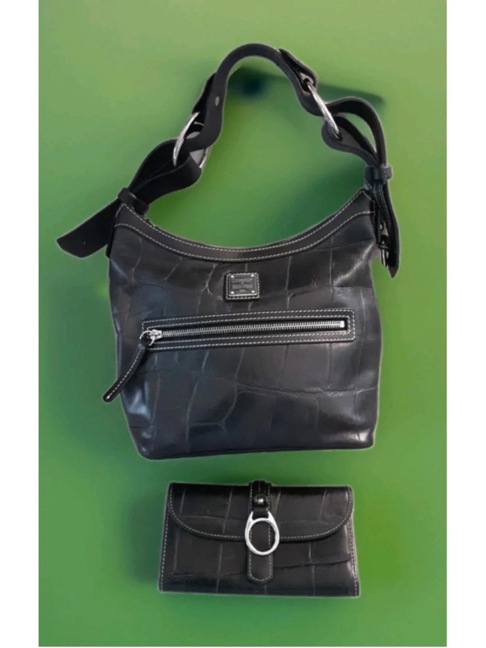 DOONEY & BOURKE-VTG Mock Croc Black Leather Hobo Shoulder Bag & Matching Wallet